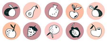 Fruits icons set for highlights of cover history, social media. Round icons for social networks. Ideal for bloggers.Vector stickers doodle style isolated.のイラスト素材