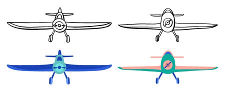 Set Airplane in hand drawn doodle and cartoon style isolated on white background. Set of agricultural aircraft vector outline, silhouette and colored icons for kids coloring book.のイラスト素材