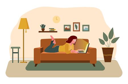 Freelance home or studying concept. Remote work. Woman works sitting at home. Girl with computer lies on the couch. Cartoon flat vector illustration.のイラスト素材