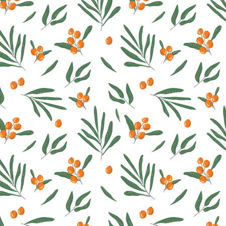 Seamless pattern with sea buckthorn berries. Vector illustration.のイラスト素材