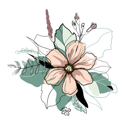 Hand drawn hibiscus flower with leaves. Vector illustration.のイラスト素材