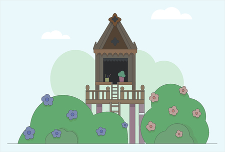 Spirit house vector illustration: little house in bushes, flowers, sky and clouds . Spirit house is a shrine for the spirit of a place that you can found in countries of South-Eastern Asia.のイラスト素材