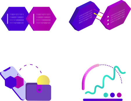 Blockchain icons. Information technology, cryptocurrency. Set of 4 icons: block chain, block to block, transaction, speed.のイラスト素材
