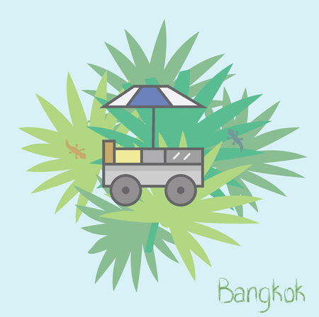 Vector Flat illustration: Typical food truck of asian street vendors, especially in Thailand. Geckos and palm trees at the background. Good as a logo, postcard or just a cute picture in the asian style.のイラスト素材
