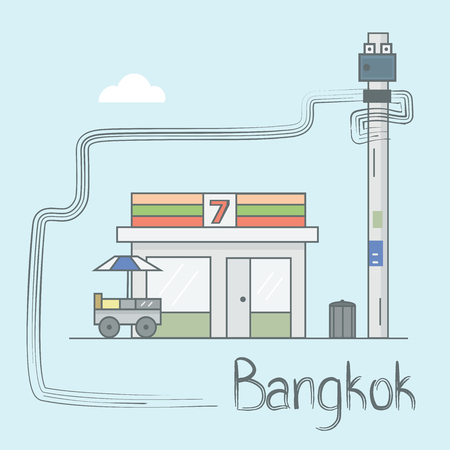 Bangkok street view flat Illustration.  Recognizable objects you'll never miss in Thailand: food trucks, minimart, electricity poles and complicating wiring on every soi.のイラスト素材