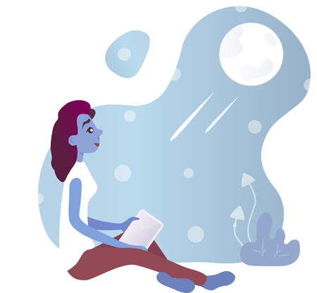Vector illustration of Beautiful girl alien sitting and watching the moon. Blue background and mushrooms as a decoration.のイラスト素材