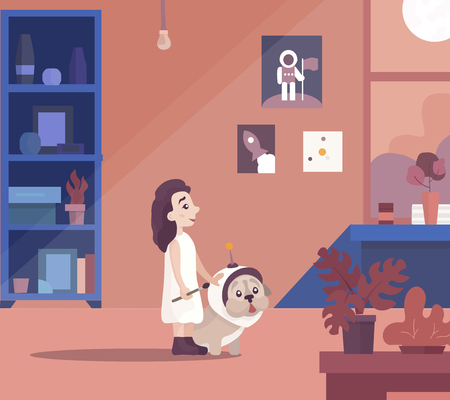 Beautiful vector illustration. Little girl drawing and dreaming about cosmos petting a Dog in the space suit. There are a bookcase, plants, drawings in the room. Moon and trees in the window.のイラスト素材