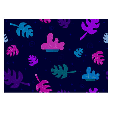 Dark blue vector seamless pattern or background with different tropical leaves and plants in pink and violet colors.のイラスト素材