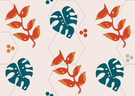 Mixed geometry and tropical flora vector seamless pattern. Exotic flowers and leaves on the hexagon background.のイラスト素材