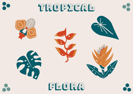 Tropical flowers and plants vector illustration. Exotic flowers and leaves and text on beige background.のイラスト素材
