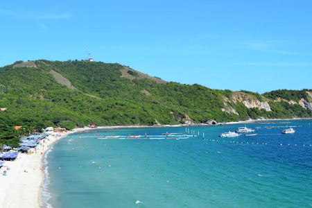 Amazing Samae beach on the Koh Larn Island, Pattaya, Thailand. Clean beach, white sand and deep blue water. Photo of the seaside scene is made from the View Point. Relax, vacation, summer.の写真素材