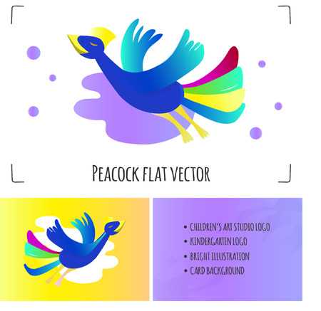 Flying peacock vector illustration. Bird isolated on white background. Bright colors and gradients. Can be used a logo of arts school, kindergarten, studios for kids, cards o print design.のイラスト素材