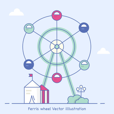 Amusement park vector flat simple illustration. Ferris wheel, carnival camp, playground. Bushes, clouds and street light on a light blue background.のイラスト素材