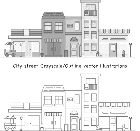 City street vector illustration in Grayscale and outline options. Store front, cafe,  buildings and living houses on the street. Food truck, plants in pots and street lights as a details.のイラスト素材