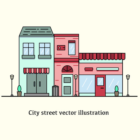 City street colored vector illustration. Three buildings, two living houses and a cafe corner at the end of the street.のイラスト素材