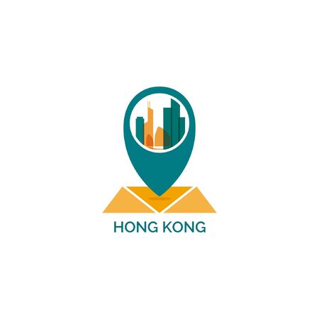 Hong Kong map city pin point geolocation modern skyline shape pointer vector flat logo icon illustrationのイラスト素材