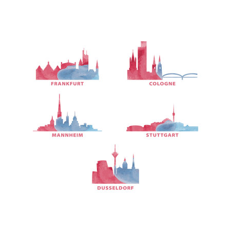 Germany cities skyline vector logo, icon set. Watercolor Frankfurt, Cologne, Mannheim, Stuttgart, Dusseldorf silhouette. Isolated graphic collectionのイラスト素材