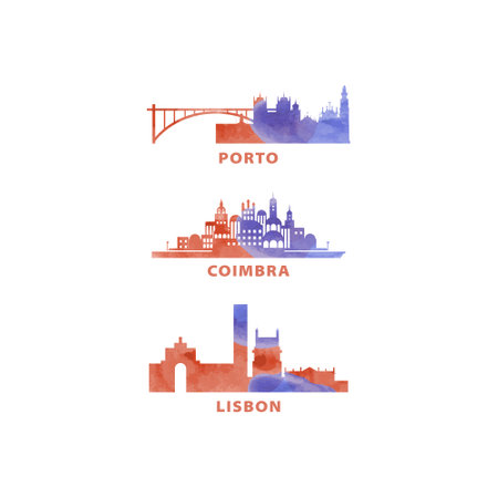 Portugal cities skyline vector logo, icon set. Flat watercolor Lisbon, Porto, Coimbra silhouette. Isolated graphic collectionのイラスト素材