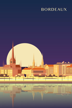 Bordeaux retro city poster with abstract shapes of skyline, buildings at night. Vintage France, Gironde town travel vector illustrationのイラスト素材