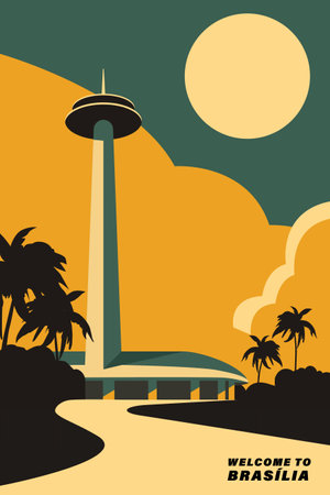 Brasilia retro city poster with abstract shapes of skyline, tower landmark. Brazil capital vintage travel vector illustration with cityscapeのイラスト素材