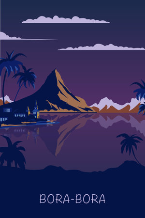 Bora Bora retro island poster with abstract shapes of seaside, recreation, lagoon at night. Vintage French Polynesia summertime travel vector illustrationのイラスト素材