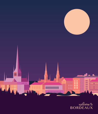 Bordeaux retro city poster with abstract shapes of skyline, buildings at night. Vintage France, Gironde town travel vector illustrationのイラスト素材