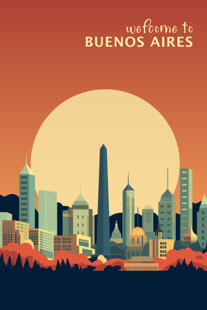 Buenos Aires Argentina retro city poster with abstract shapes of skyline, buildings at sunset or sunrise. Vintage travel vector illustration for Latin Americaのイラスト素材