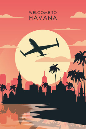 Welcome to Havana, Cuba. Retro city poster with abstract shapes of skyline, buildings, plane flying over shore. Vintage South America travel vector illustrationのイラスト素材