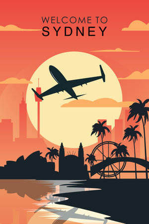 Welcome to Sydney, Australia. Retro city poster with abstract shapes of skyline, buildings, plane flying over. Vintage airlines travel vector illustrationのイラスト素材
