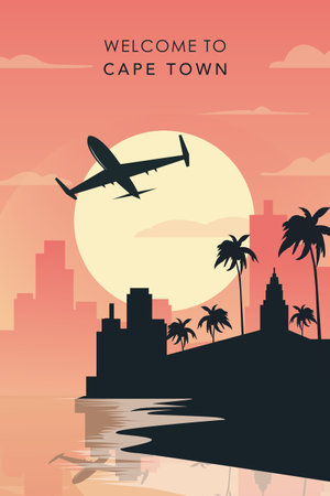 Welcome to Cape Town, South Africa. Retro city poster with abstract shapes of skyline, buildings, plane flying over. Vintage airlines travel vector illustrationのイラスト素材