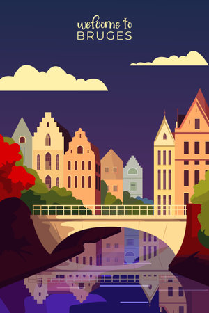 Bruges retro city poster with abstract shapes of skyline, buildings at night. Vintage Belgium Flemish town travel vector illustrationのイラスト素材