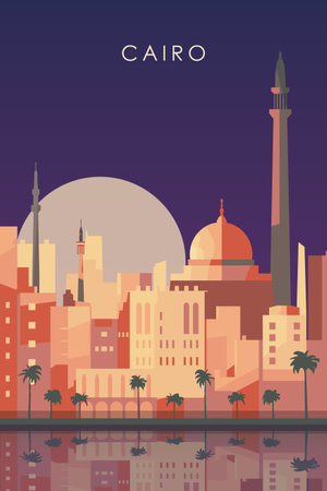 Cairo retro city poster with abstract shapes of skyline, buildings at night. Vintage Egypt capital travel vector illustrationのイラスト素材