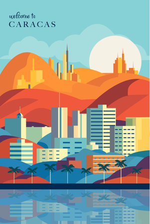 Caracas retro city poster with abstract shapes of skyline, buildings at sunrise or sunset. Vintage Venezuela capital metropolitan travel vector illustrationのイラスト素材
