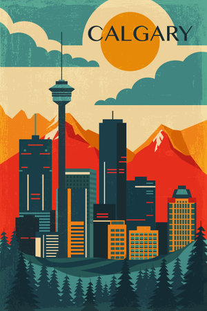Calgary retro city poster with abstract shapes of skyline, buildings. Canada, Alberta province vintage travel vector illustration, cityscape with mountainsのイラスト素材