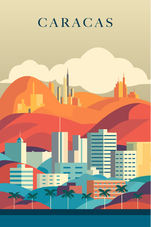 Caracas retro city poster with abstract shapes of skyline, buildings at sunrise or sunset. Vintage Venezuela capital metropolitan travel vector illustrationのイラスト素材