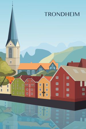 Trondheim retro city poster with abstract shapes of skyline, buildings. Vintage Norway town, port travel vector illustrationのイラスト素材