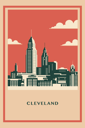 USA Cleveland retro city infographic poster with abstract shapes of skyline, buildings. Vintage US Ohio state travel webpage layout concept, vector illustrationのイラスト素材