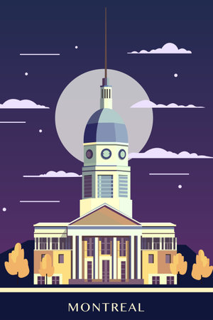 Montreal retro city poster with abstract shapes of skyline, buildings at night. Vintage Canada, Quebec province metropolitan travel vector illustrationのイラスト素材