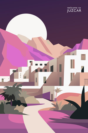 Juzcar retro village poster with abstract shapes of skyline, buildings at night. Vintage Spain, Malaga province, Andalusia town travel vector illustrationのイラスト素材