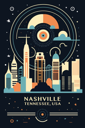 USA United States of America Nashville city vintage poster with abstract cityscape and skyline. Retro vector colorful illustration for Tennessee country music townのイラスト素材