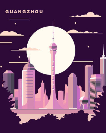 Guangzhou retro city poster with abstract shapes of skyline, buildings at night. Vintage China, Guangdong province metropolitan travel vector illustrationのイラスト素材