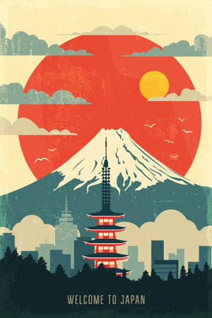 Japan retro poster with abstract shapes of temple, mount, volcano. Asian vintage travel vector illustration, postcardのイラスト素材