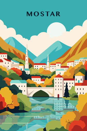 Mostar retro city poster with abstract shapes of skyline, buildings. Bosnia and Herzegovina town vintage travel vector illustration with cityscapeのイラスト素材