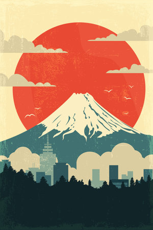 Japan retro poster with abstract shapes of mount, volcano. Asian vintage travel vector illustration, postcardのイラスト素材