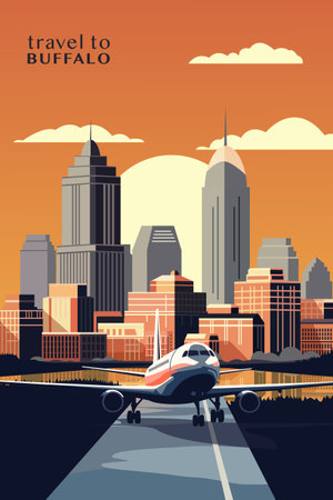 Travel to Buffalo city, USA, NY. Retro city poster with abstract shapes of skyline and plane landing. Vintage American holiday vector illustration in 70s, 80s styleのイラスト素材