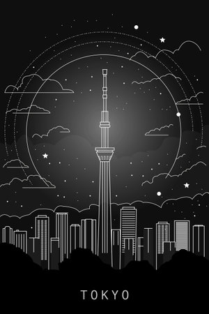 Tokyo city poster with abstract skyline, horizon, landmark and attraction. Japan vector illustration, black and white thin line layout for vertical brochure, website, flyer, presentation, book coverのイラスト素材