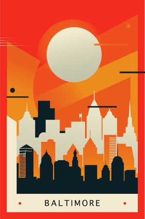 Baltimore city brutalism poster with abstract skyline, cityscape. USA Maryland state retro vector illustration. US travel front cover, brochure, flyer, leaflet, presentation template, layout imageのイラスト素材
