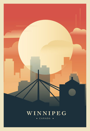 Winnipeg city brutalism poster with abstract skyline, cityscape retro vector illustration. Canada, Manitoba province travel guide cover, brochure, flyer, leaflet, business presentation template imageのイラスト素材