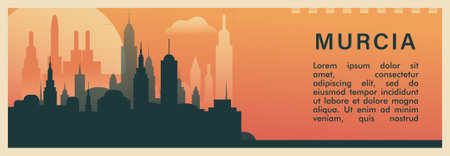 Murcia city brutalism vector banner with skyline, cityscape. Spain town retro horizontal illustration. Travel layout for web presentation, header, footerのイラスト素材