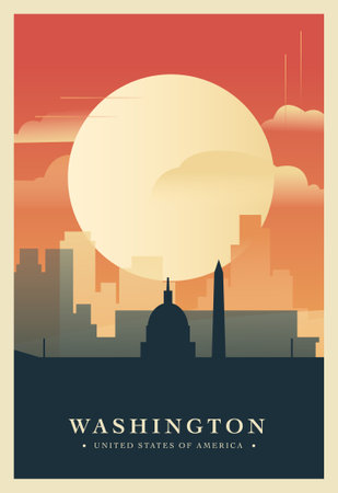 Washington city brutalism poster with abstract skyline, cityscape. USA capital district retro vector illustration. US travel front cover, brochure, flyer, leaflet, presentation template, layout imageのイラスト素材